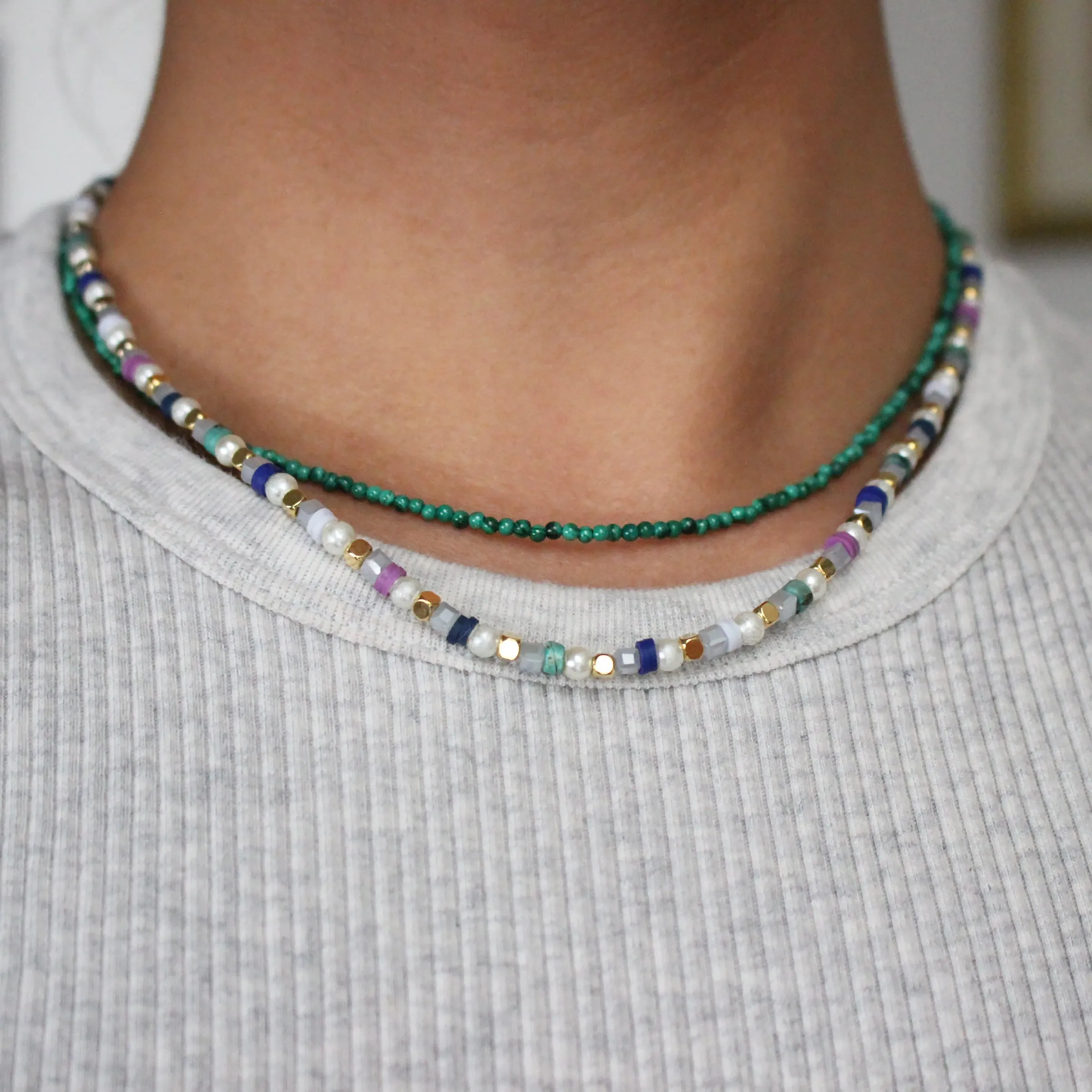 Limited Edition Major Color Double Stand Malachite Pearl Bead Necklace