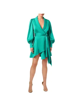 LIV FOSTER Womens Green Belted Lined Shawl Collar Asymmetric Hem Balloon Sleeve Surplice Neckline Short Party Wrap Dress