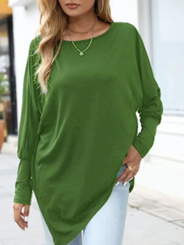 Long Sleeve Irregular T-Shirt Casual Loose Solid Color Round Neck Top Woman Tshirts