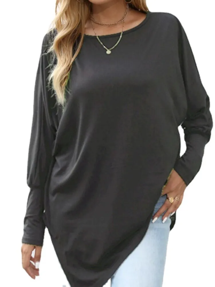 Long Sleeve Irregular T-Shirt Casual Loose Solid Color Round Neck Top Woman Tshirts