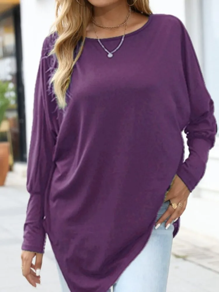 Long Sleeve Irregular T-Shirt Casual Loose Solid Color Round Neck Top Woman Tshirts