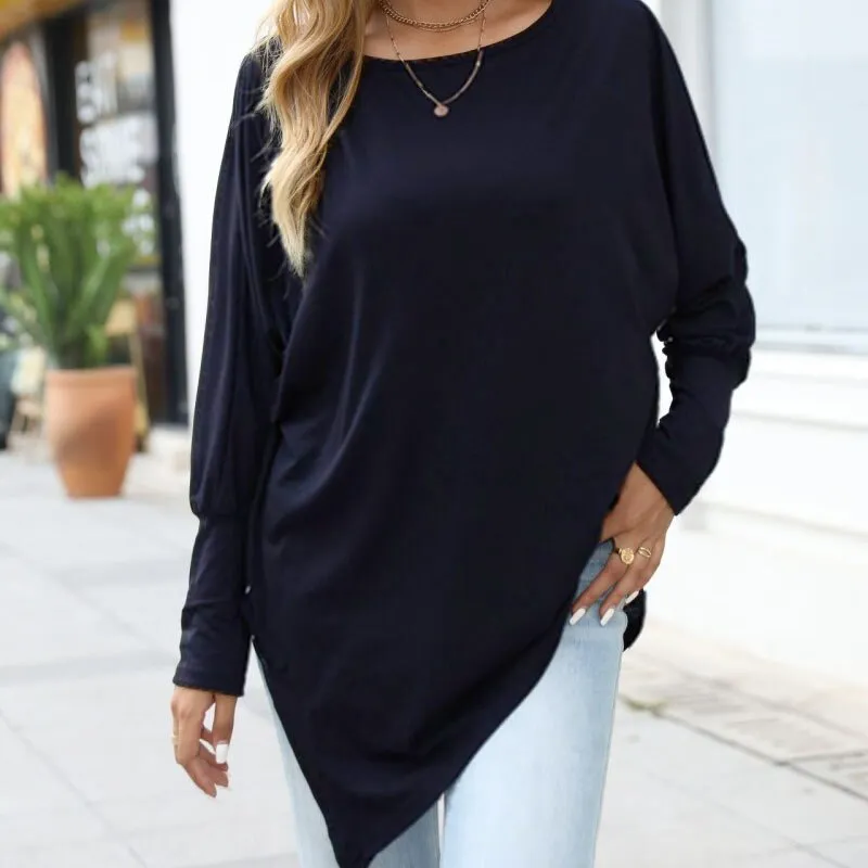 Long Sleeve Irregular T-Shirt Casual Loose Solid Color Round Neck Top Woman Tshirts