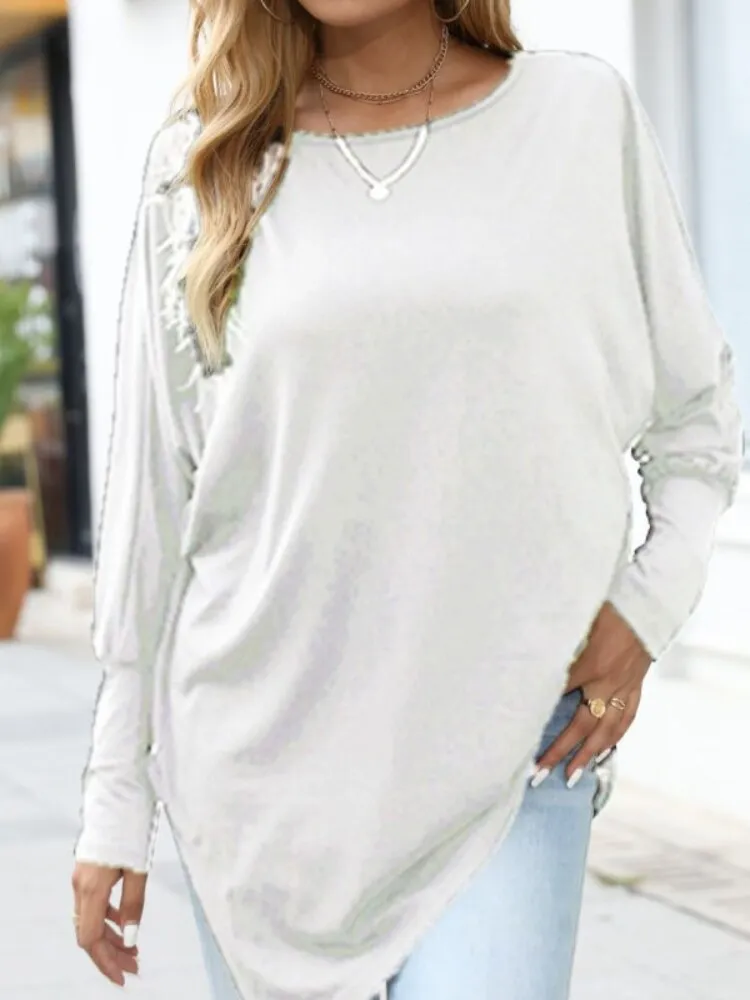 Long Sleeve Irregular T-Shirt Casual Loose Solid Color Round Neck Top Woman Tshirts