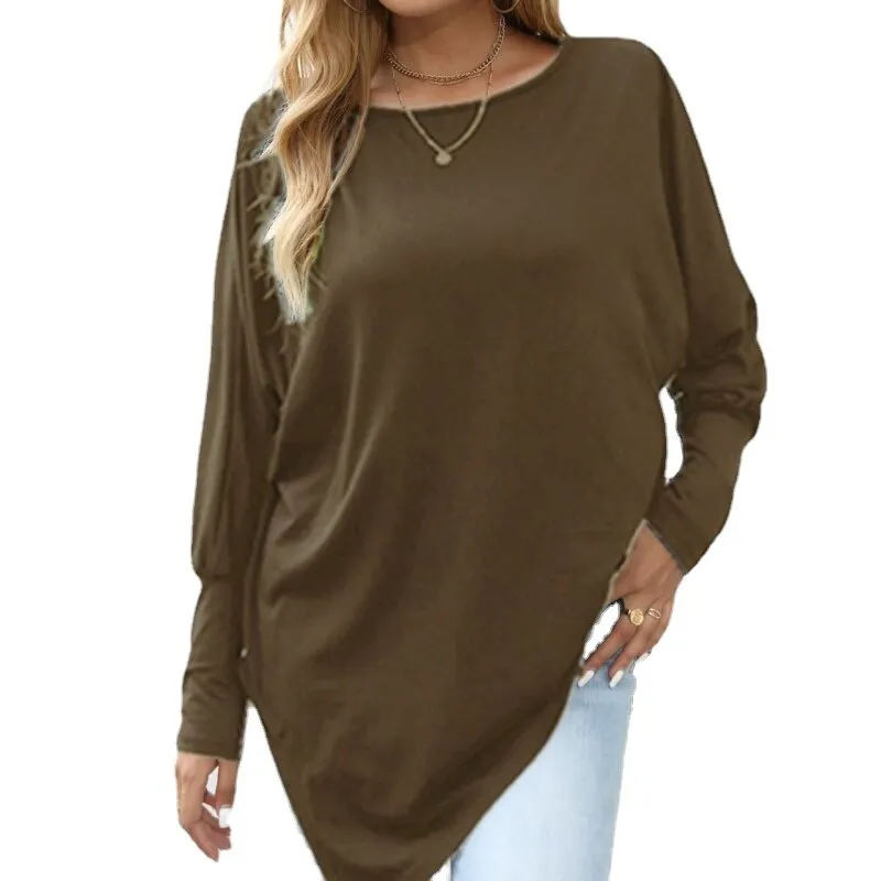 Long Sleeve Irregular T-Shirt Casual Loose Solid Color Round Neck Top Woman Tshirts