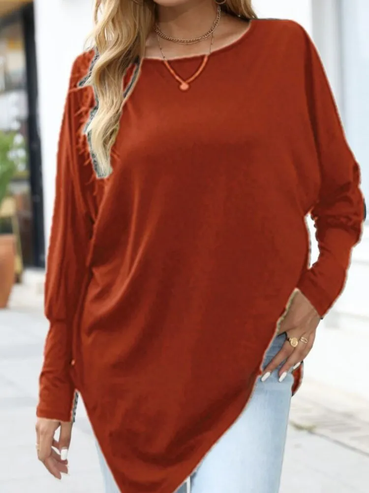 Long Sleeve Irregular T-Shirt Casual Loose Solid Color Round Neck Top Woman Tshirts