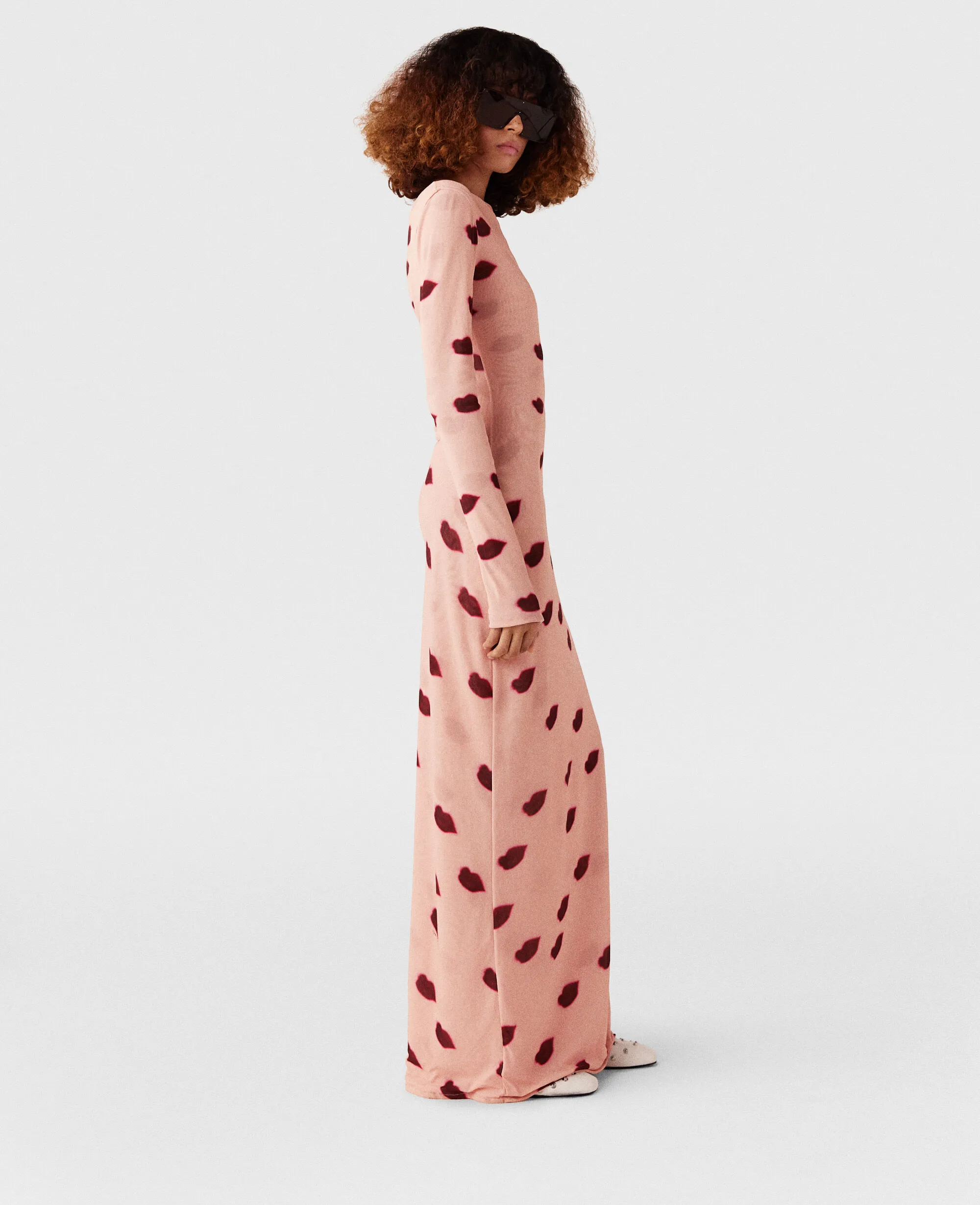 Long-Sleeve Lips Print Maxi Dress