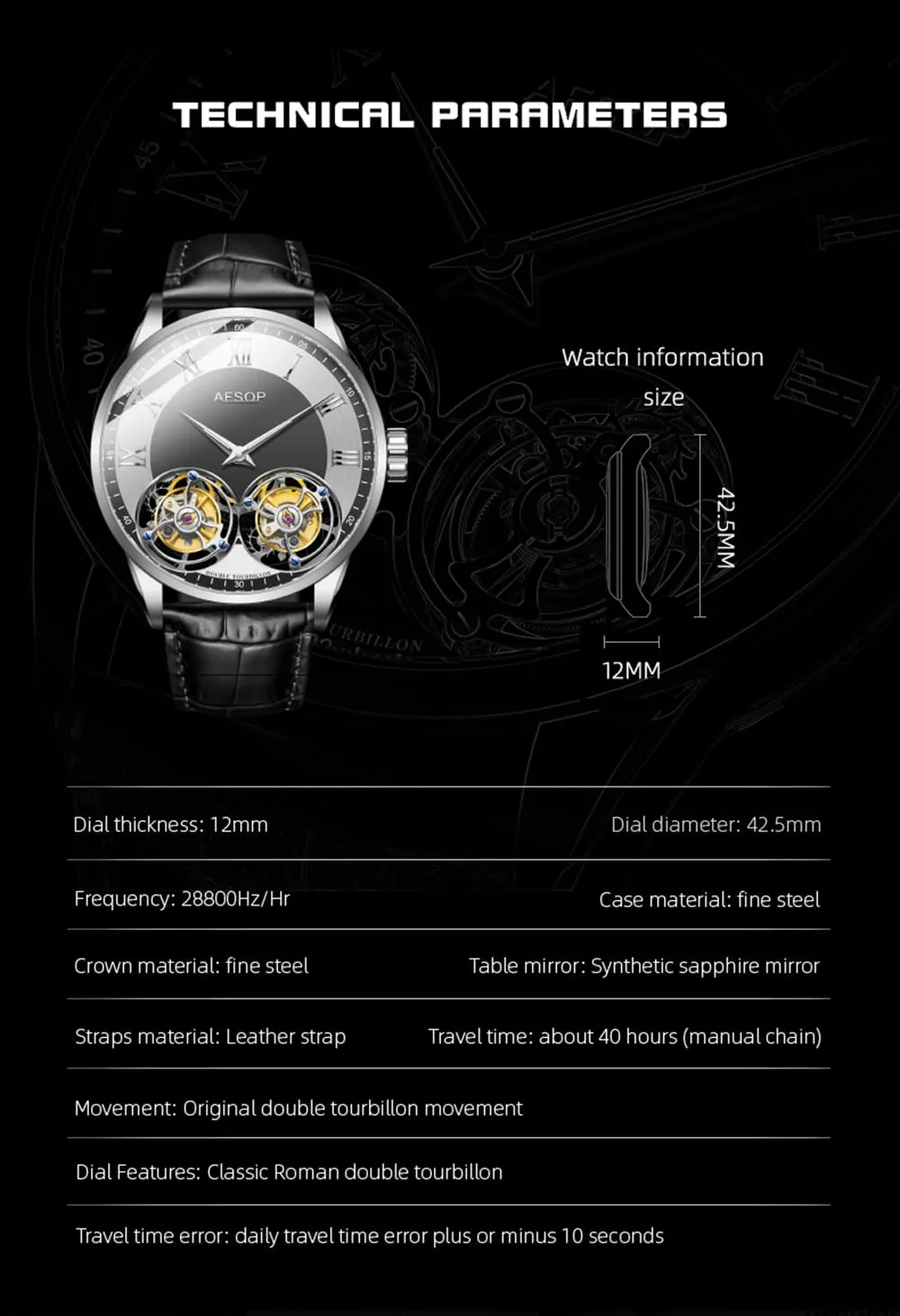 Men's Limited Edition Double Tourbillon Skeleton Mechanical Wristwatch