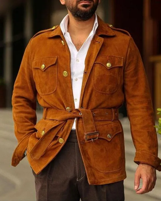 Multi-Pocket Lapel Lace-Up Solid Suede Casual Jacket