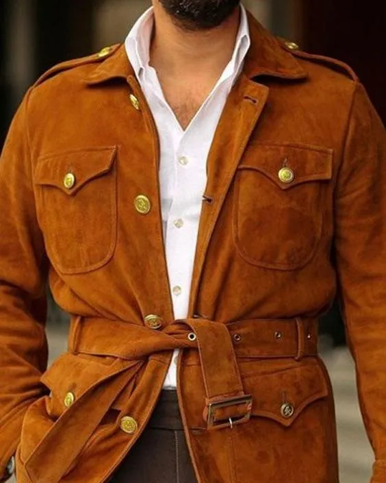 Multi-Pocket Lapel Lace-Up Solid Suede Casual Jacket