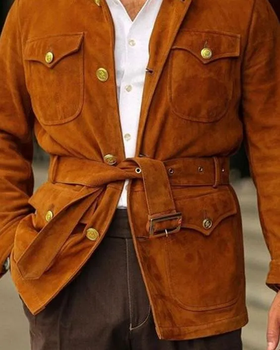 Multi-Pocket Lapel Lace-Up Solid Suede Casual Jacket