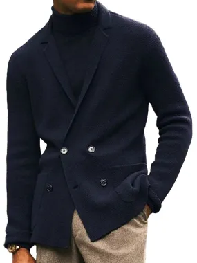 Notched Lapel Double Breasted Pockets Knitted Jacket