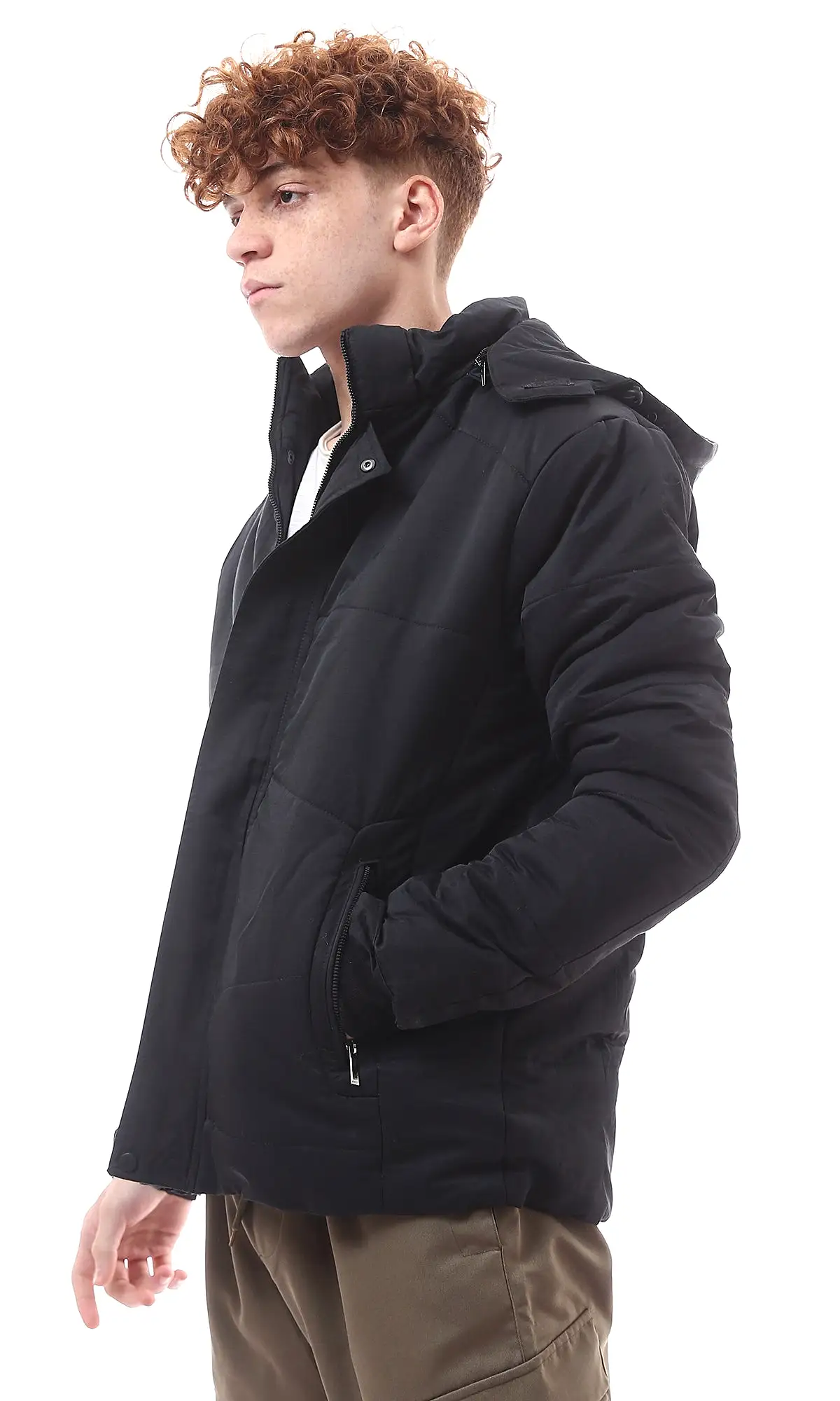 O156160 Adjustable Hooded Neck Black Solid Jacket