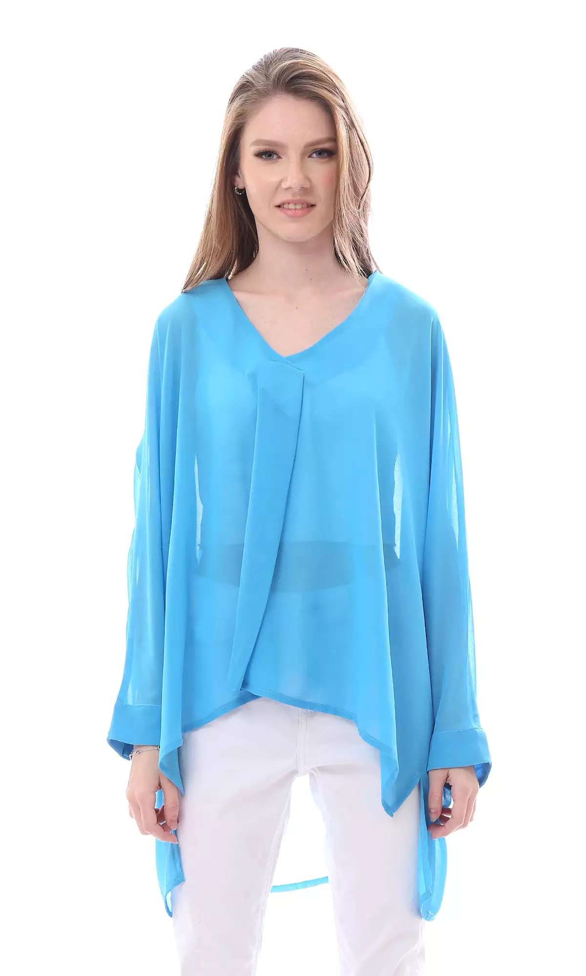 O165919 Wide V-Neck Solid Chiffon Turquoise Blouse