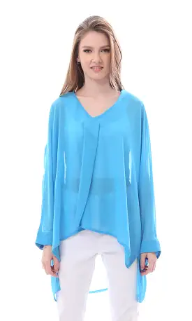 O165919 Wide V-Neck Solid Chiffon Turquoise Blouse