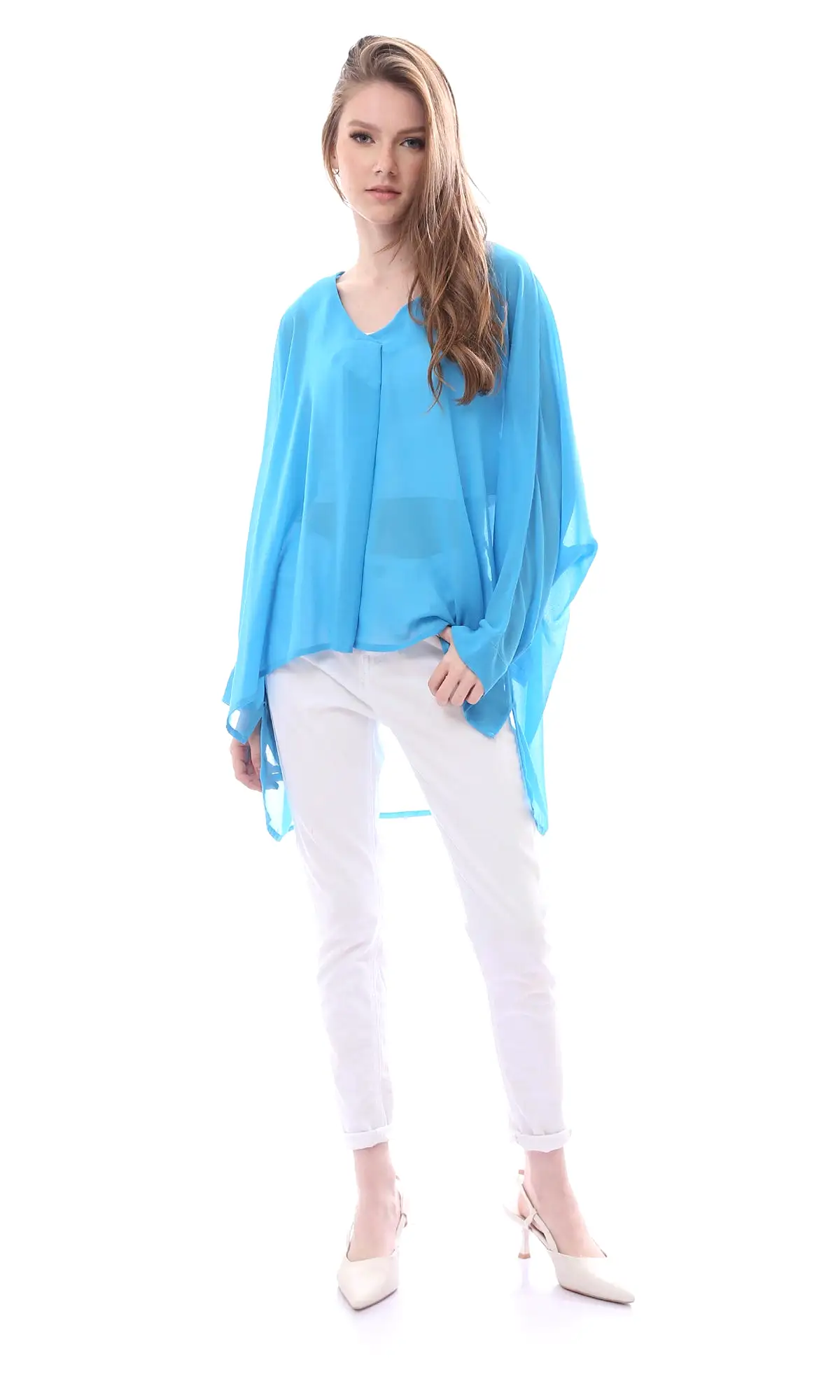 O165919 Wide V-Neck Solid Chiffon Turquoise Blouse