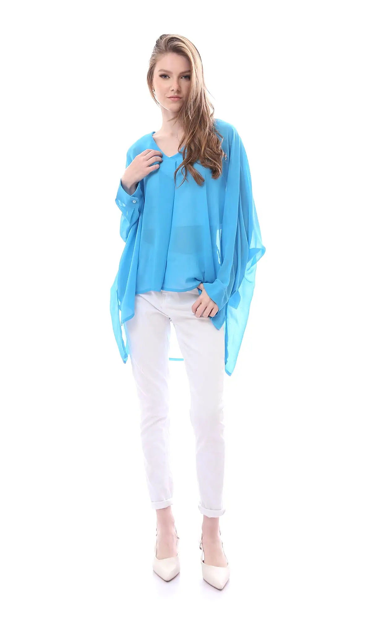 O165919 Wide V-Neck Solid Chiffon Turquoise Blouse