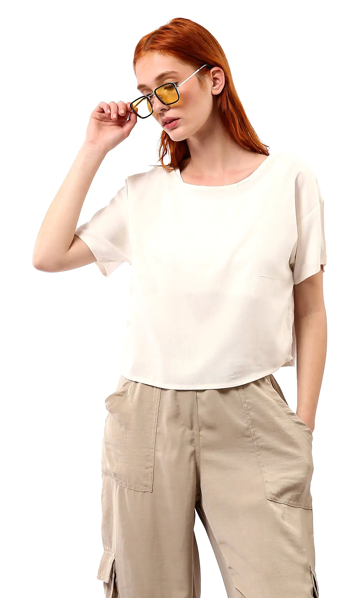 O179176 Wide Round Neck Solid Pastel Beige Blouse