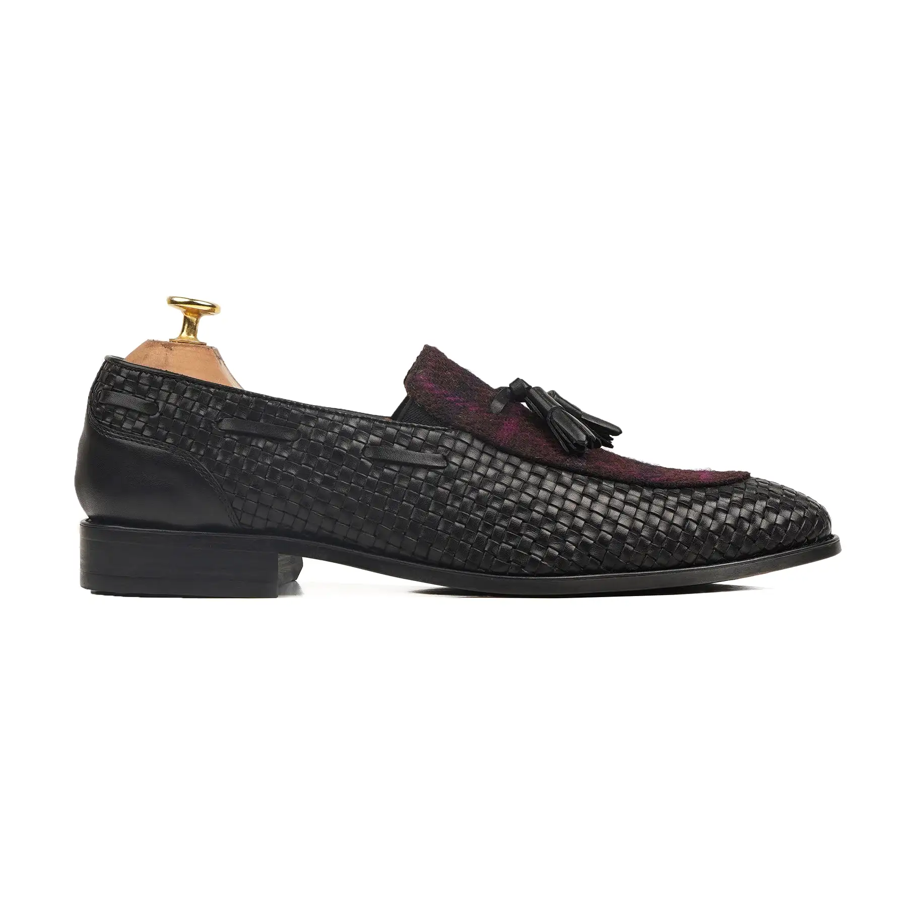 Okawa - Men's Black Hand Woven Calf Leather and Harris Tweed Loafer