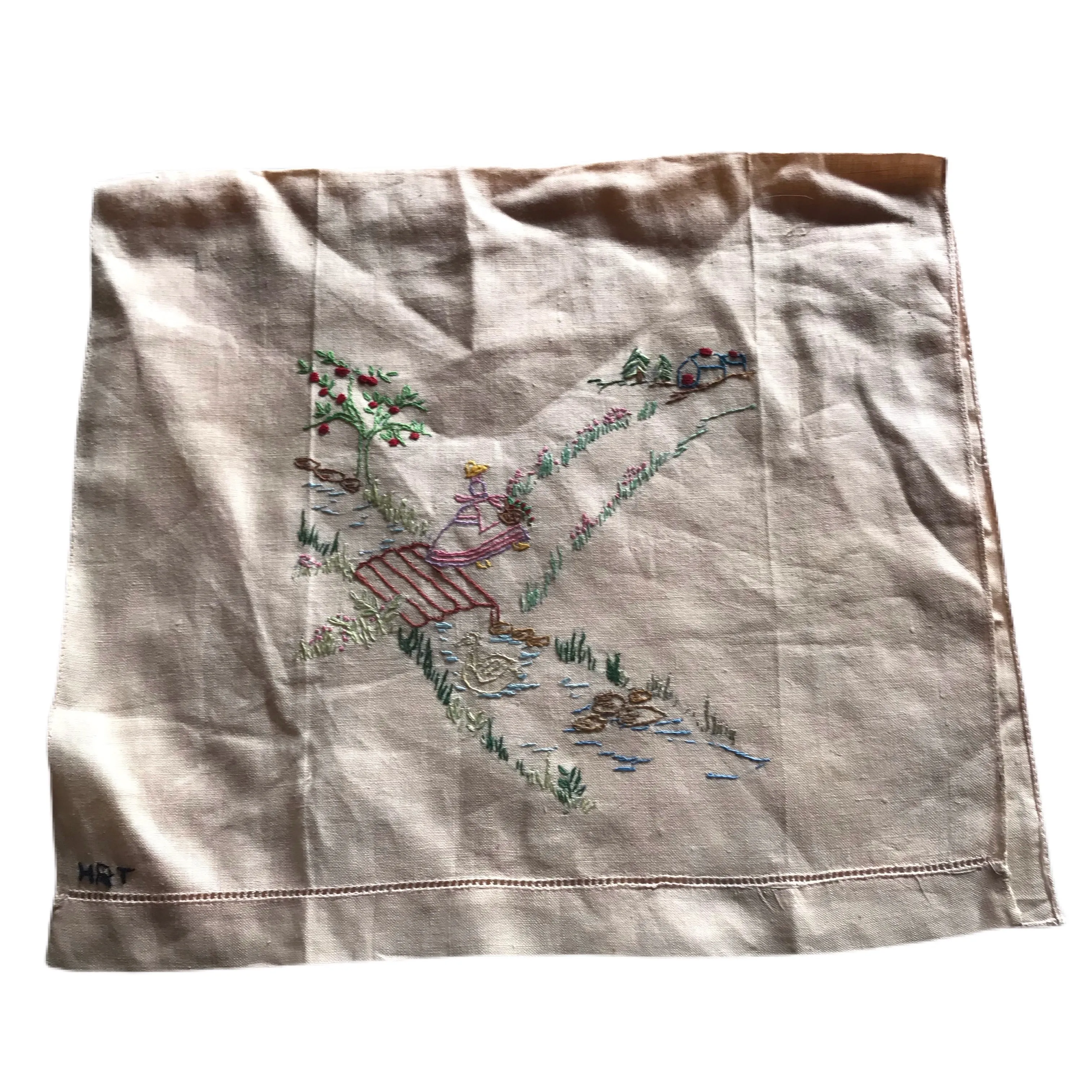 Peachy Cotton Pastoral Scene Embroidered Handkerchief circa 1940s