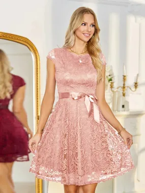 Pink Solid Floral Lace Overlay Vintage Style Formal Dresses for Women O-Neck Cap Sleeve A-Line Elegant Dress