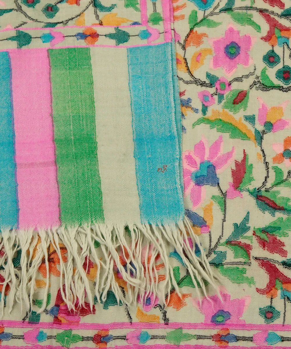 Pista Green and Pink Handwoven Pure Kani Pashmnia Stole