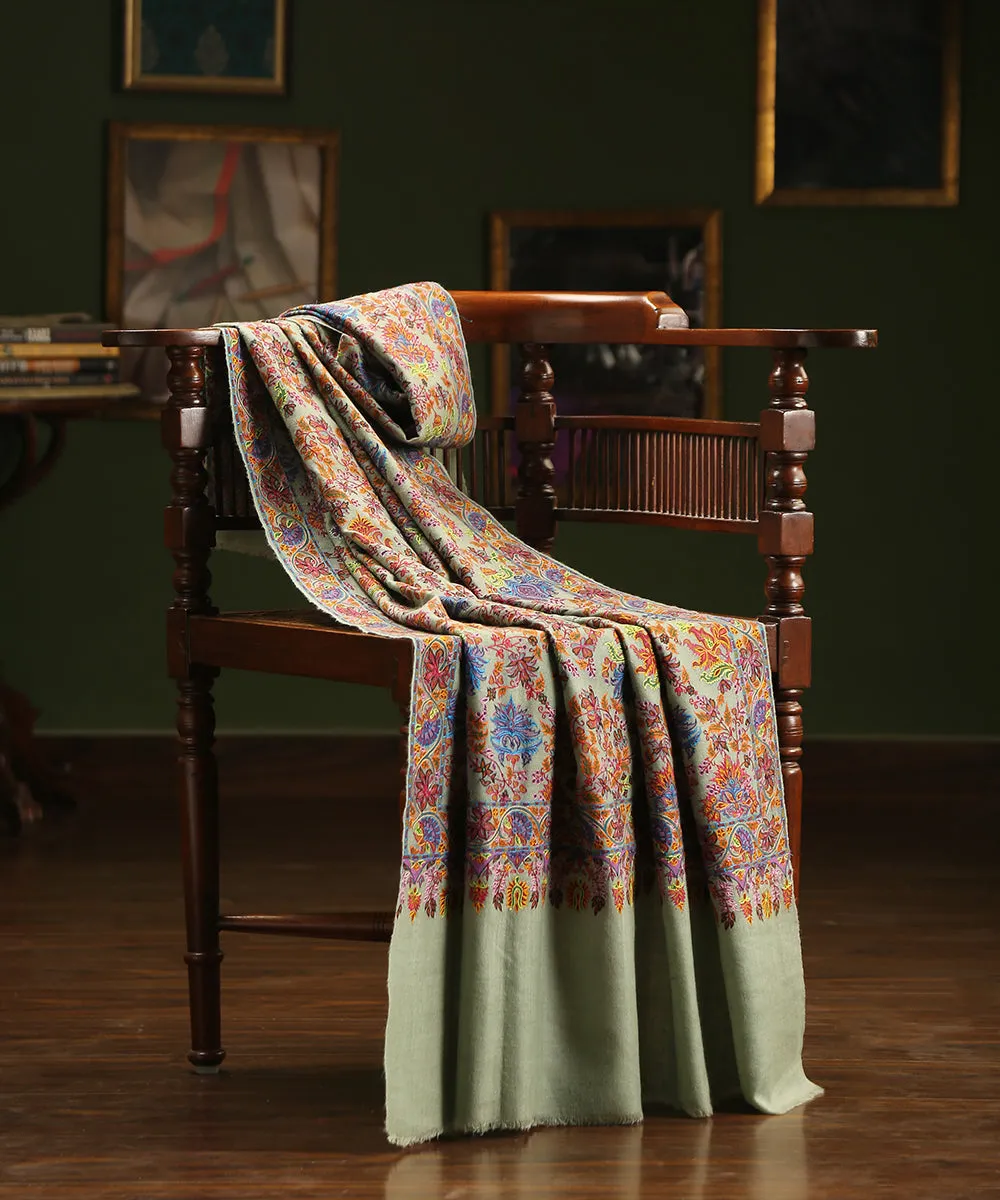 Pista Green Handwoven Pure Pashmina Shawl With Kalamkari And Aari Hand Embroidery