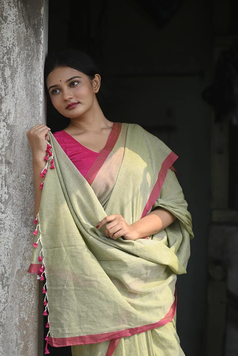 Pistachio Green Handwoven Mulmul Cotton Saree