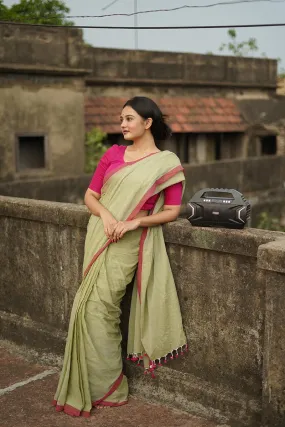 Pistachio Green Handwoven Mulmul Cotton Saree