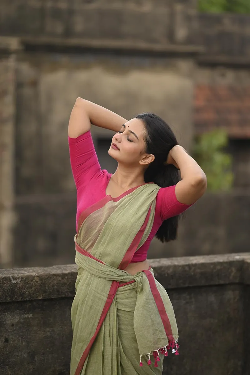 Pistachio Green Handwoven Mulmul Cotton Saree