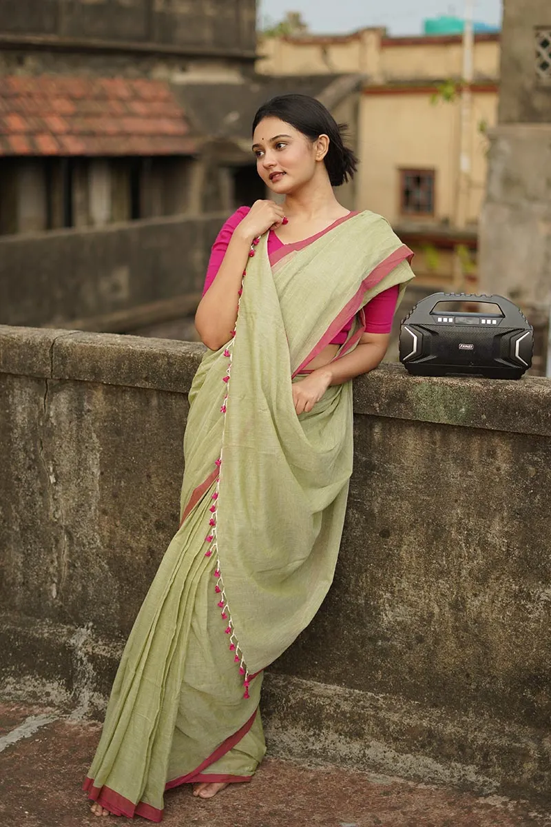 Pistachio Green Handwoven Mulmul Cotton Saree