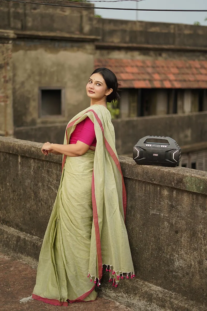 Pistachio Green Handwoven Mulmul Cotton Saree