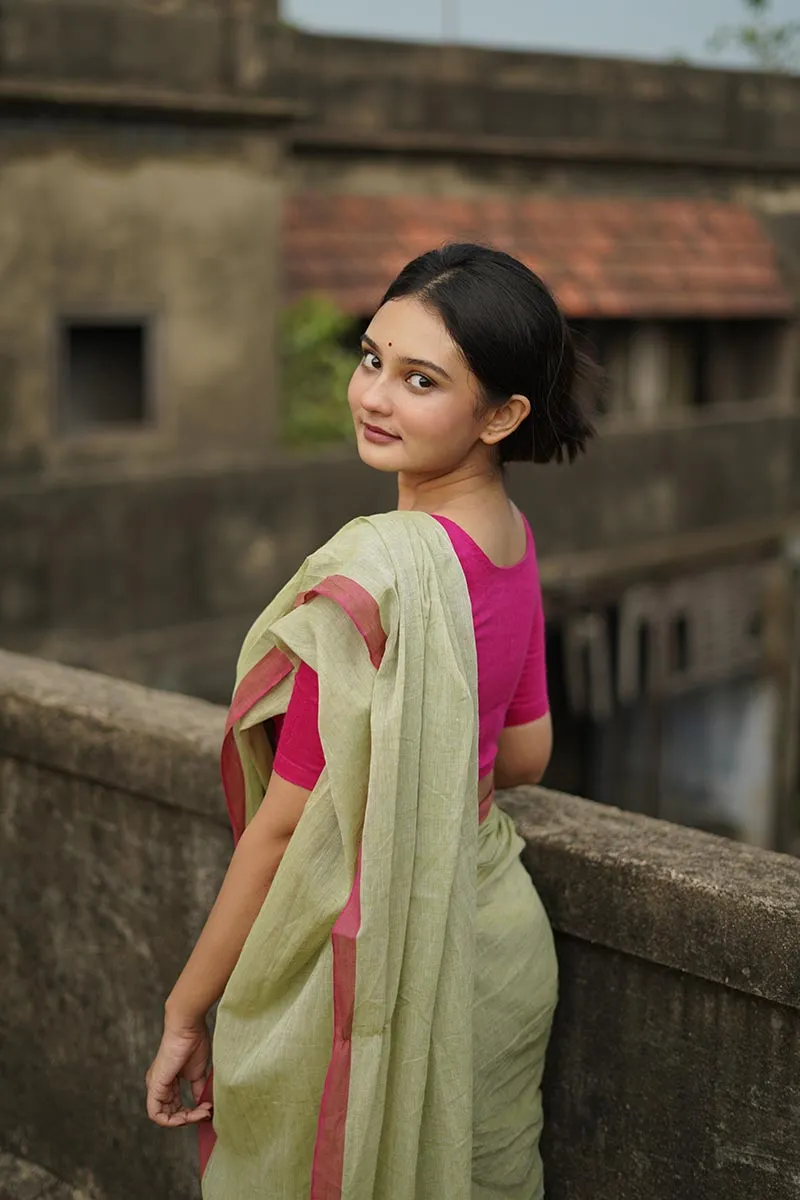 Pistachio Green Handwoven Mulmul Cotton Saree