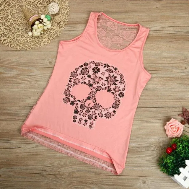 Plus Size S-5XL Tank Top Women  Fitness Work Out Back Lace Skull Print Sleeveless Tank Top For Women Black Pink White #418 GS