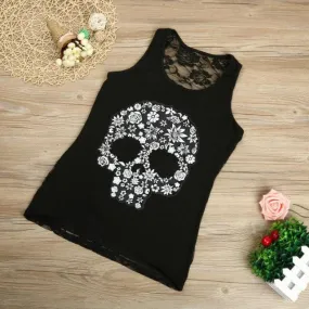 Plus Size S-5XL Tank Top Women  Fitness Work Out Back Lace Skull Print Sleeveless Tank Top For Women Black Pink White #418 GS