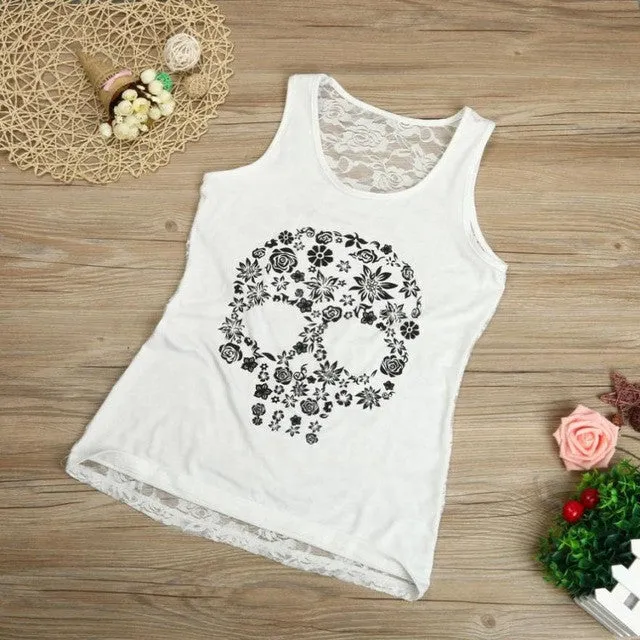 Plus Size S-5XL Tank Top Women  Fitness Work Out Back Lace Skull Print Sleeveless Tank Top For Women Black Pink White #418 GS