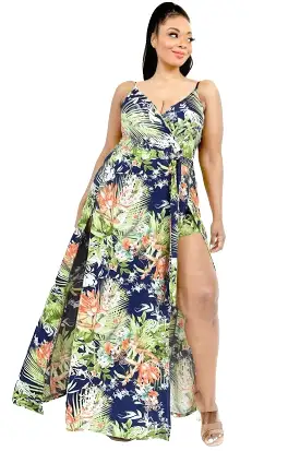 Plus Tropical Leaf Print Surplice Maxi Dress