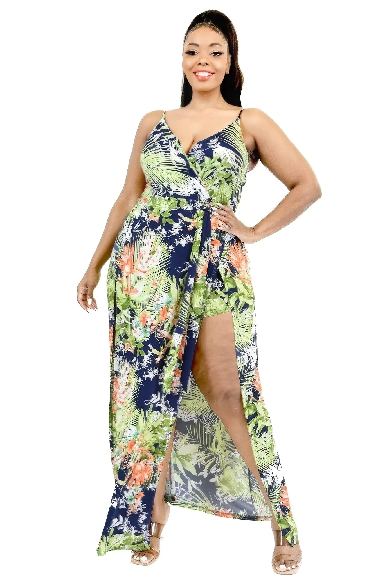 Plus Tropical Leaf Print Surplice Maxi Dress