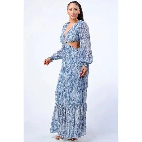 Printed V Neck Self Belted Side Cut Out Ruffled Maxi Dress