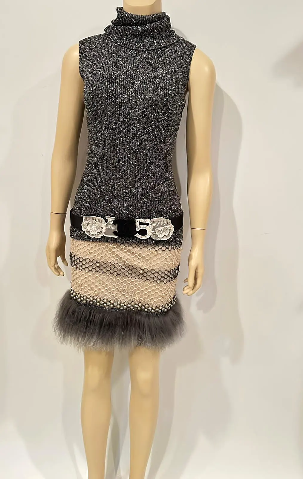 Rare New with Tags Chanel 03A 2003 Fall Beige Brown Pearl Feather Trim Mini Skirt  FR 38