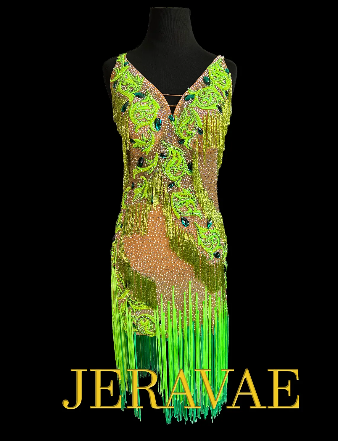 Resale Artistry in Motion Sleeveless Nude Mesh Latin Dress with Lime Green Lace Appliqué, Bugle Beads, and Fringe Sz S Lat234