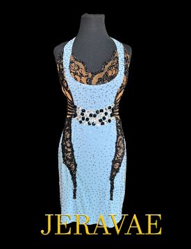 Resale Fiore Sleeveless Light Blue Latin Dress with Black Lace, Nude Mesh, and a Front Waist Detail of Black and Crystal AB Ston