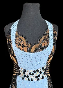 Resale Fiore Sleeveless Light Blue Latin Dress with Black Lace, Nude Mesh, and a Front Waist Detail of Black and Crystal AB Ston