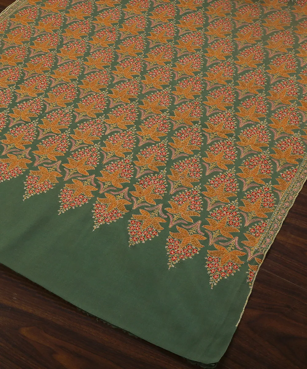 Sage Green Handwoven Pure Pashmina Jamawar Shawl With Sozni Kari