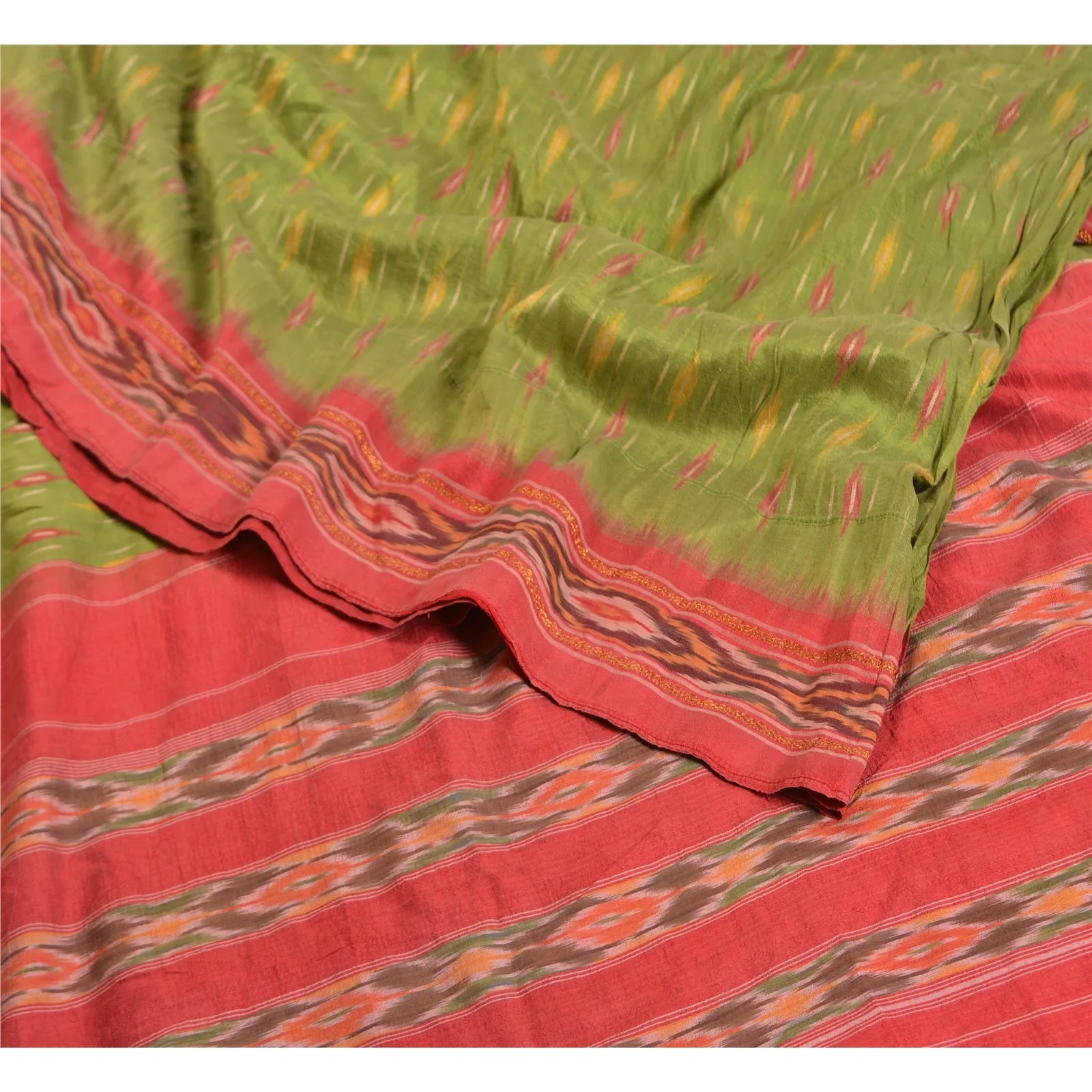 Sanskriti Vintage Sarees Green Pochampally HandWoven Ikat Pure Silk Sari Fabric