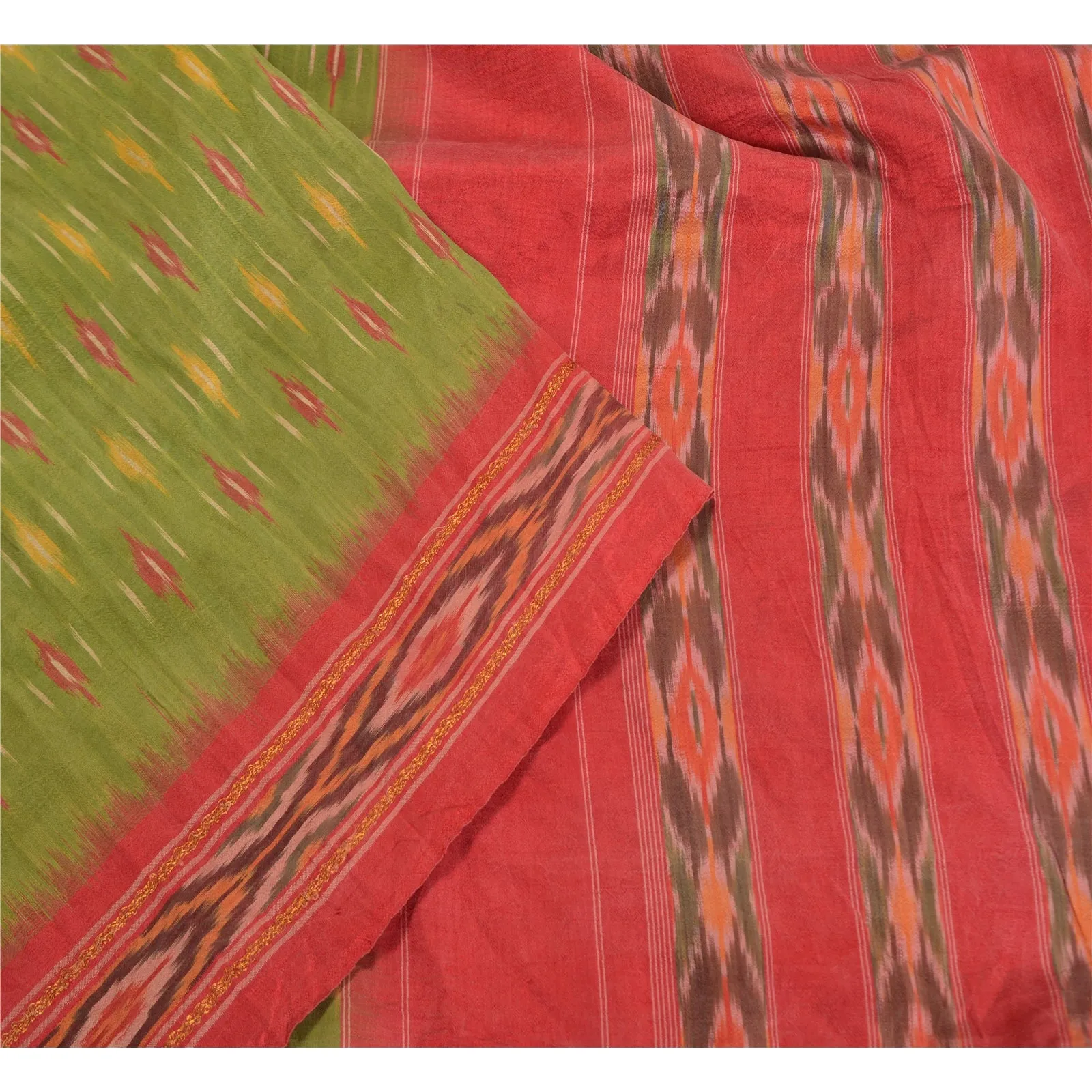 Sanskriti Vintage Sarees Green Pochampally HandWoven Ikat Pure Silk Sari Fabric