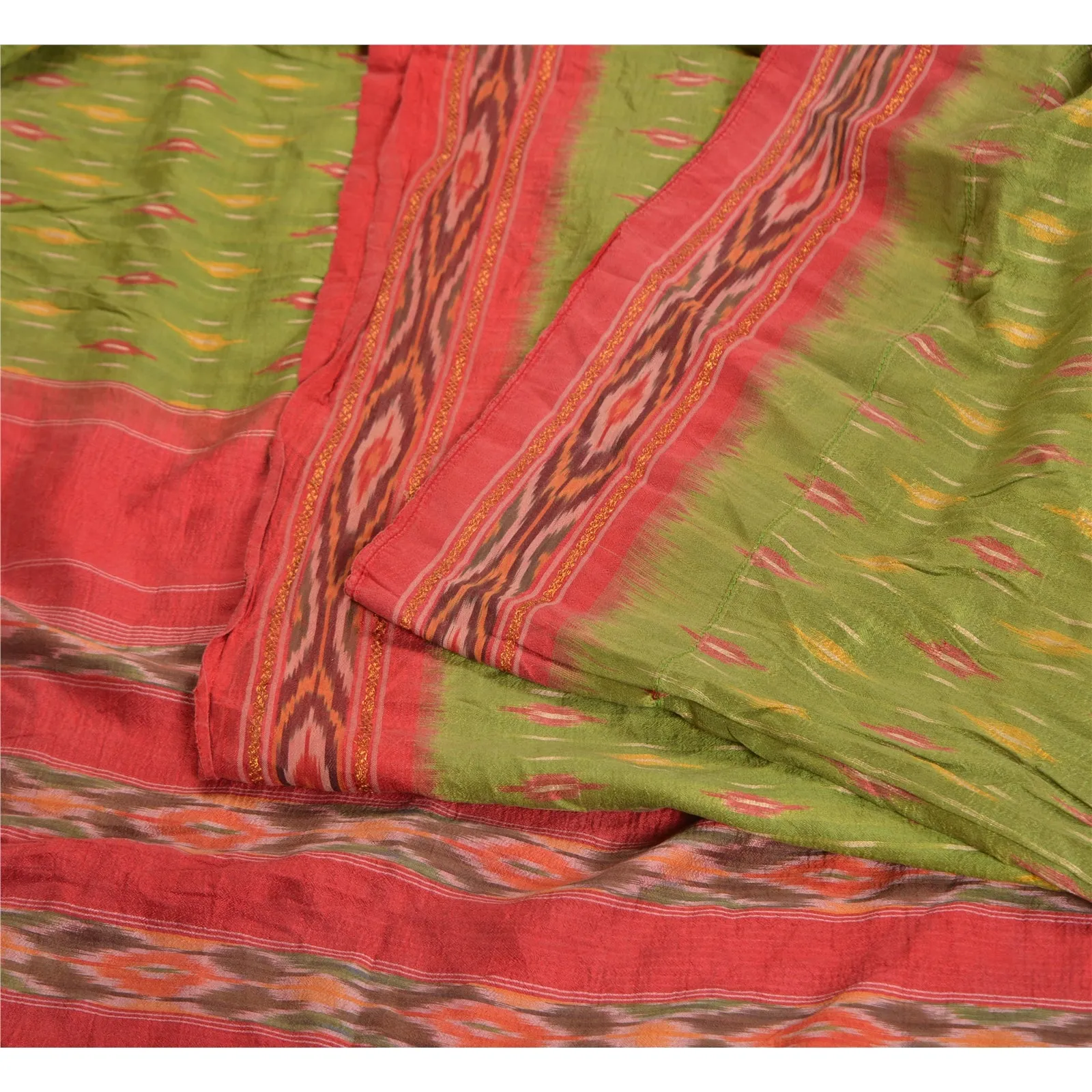 Sanskriti Vintage Sarees Green Pochampally HandWoven Ikat Pure Silk Sari Fabric