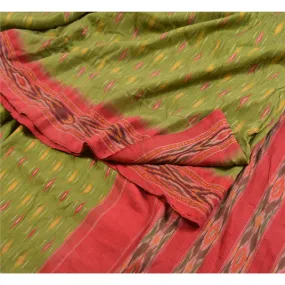 Sanskriti Vintage Sarees Green Pochampally HandWoven Ikat Pure Silk Sari Fabric