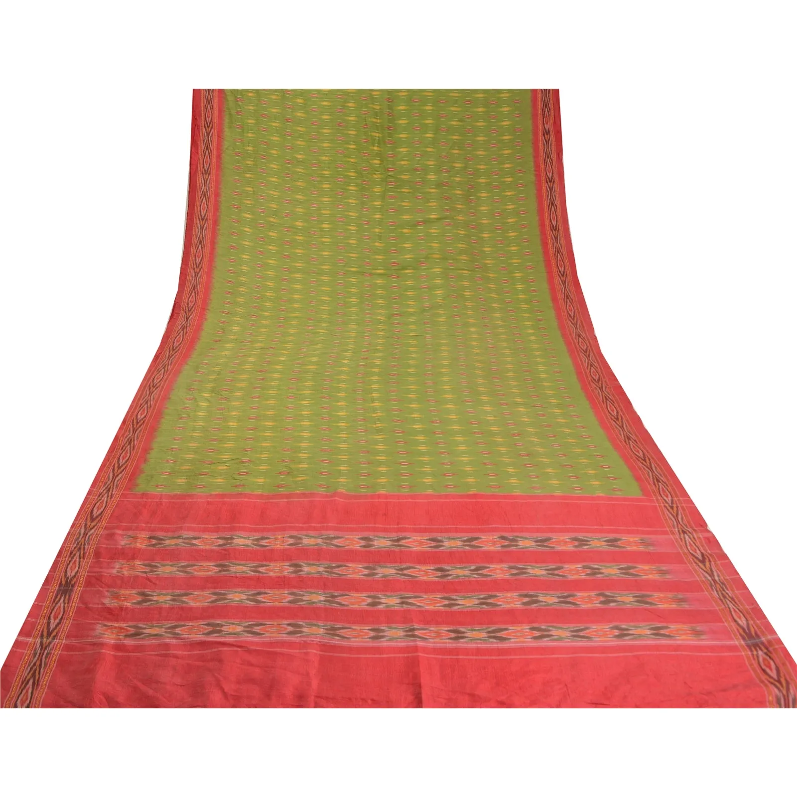 Sanskriti Vintage Sarees Green Pochampally HandWoven Ikat Pure Silk Sari Fabric