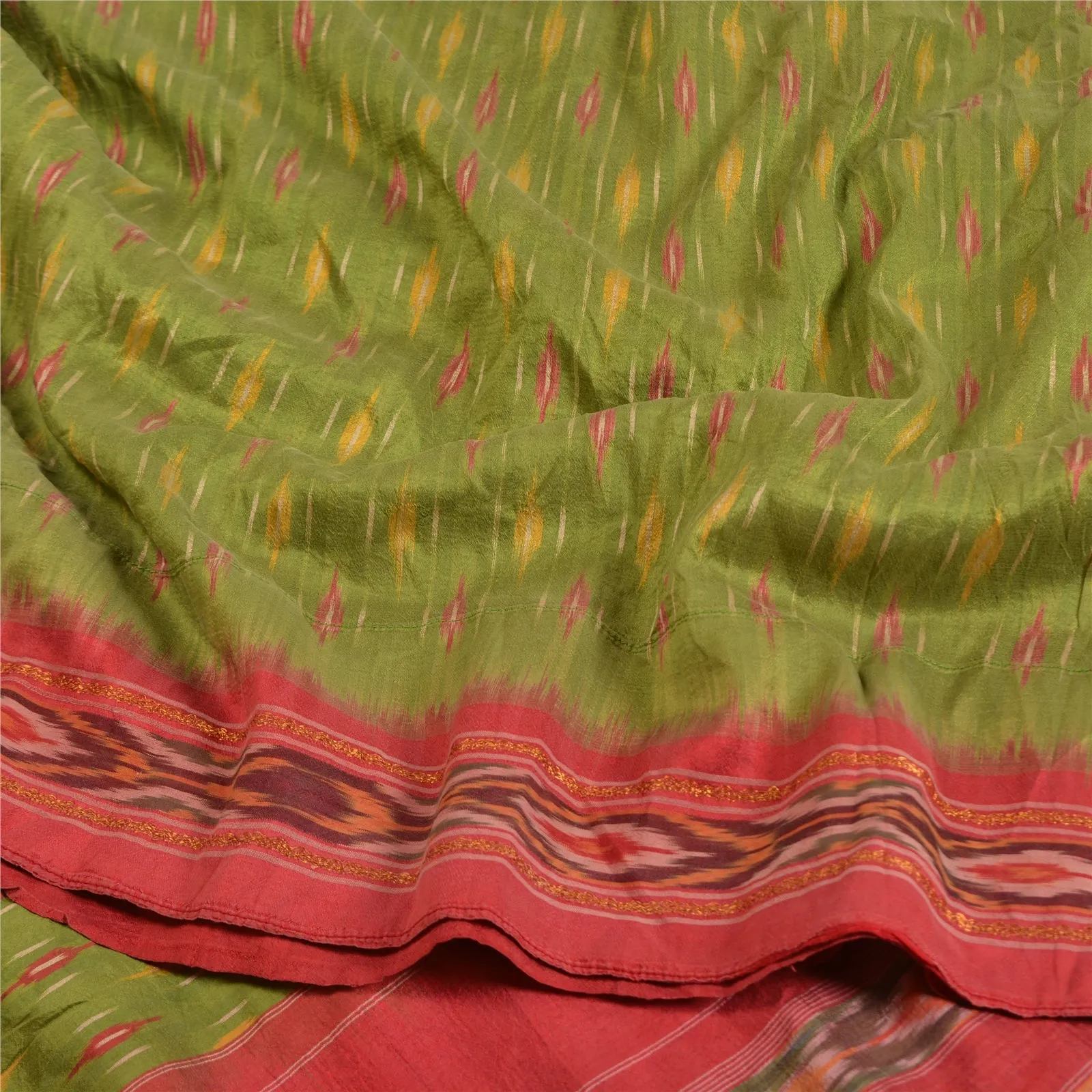 Sanskriti Vintage Sarees Green Pochampally HandWoven Ikat Pure Silk Sari Fabric