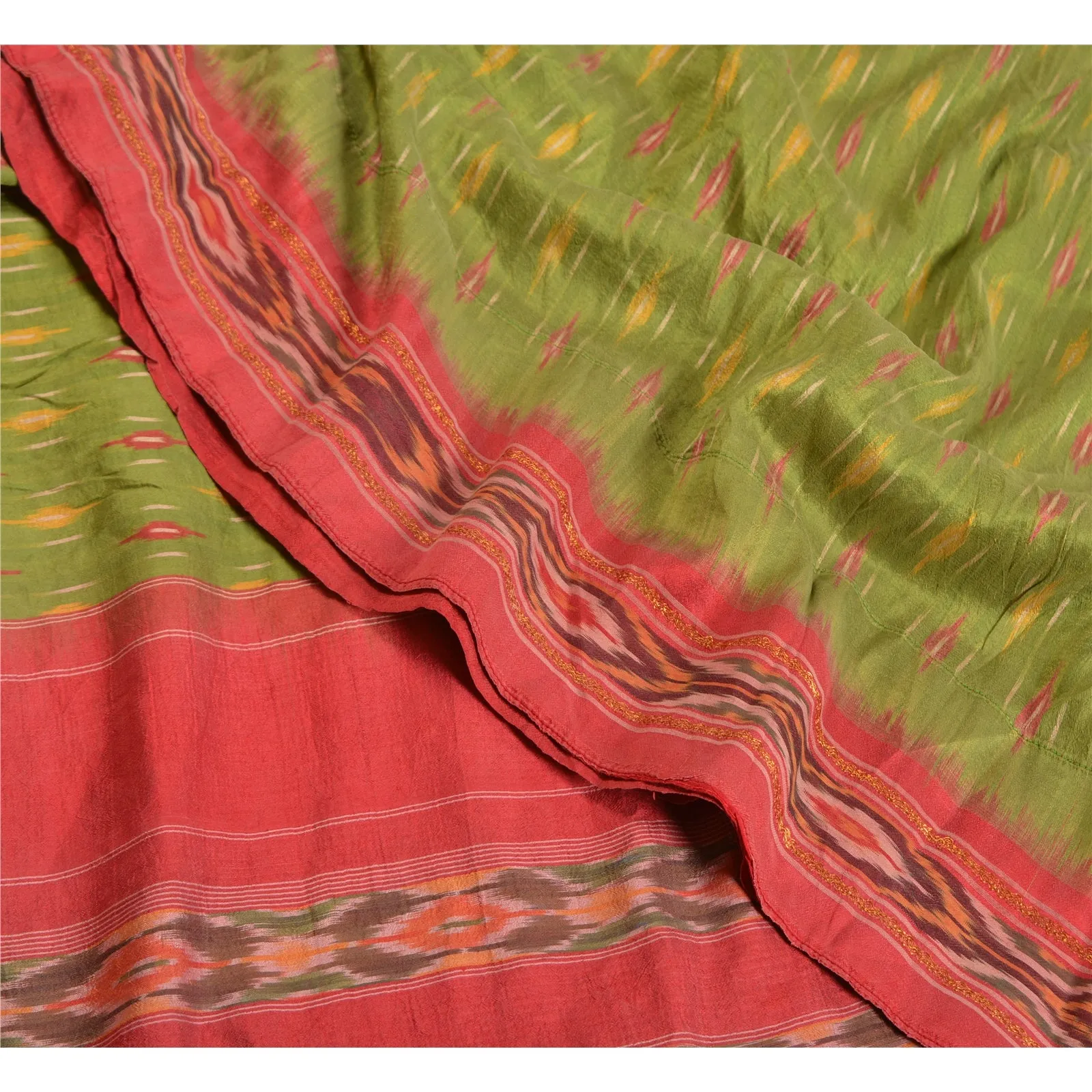 Sanskriti Vintage Sarees Green Pochampally HandWoven Ikat Pure Silk Sari Fabric